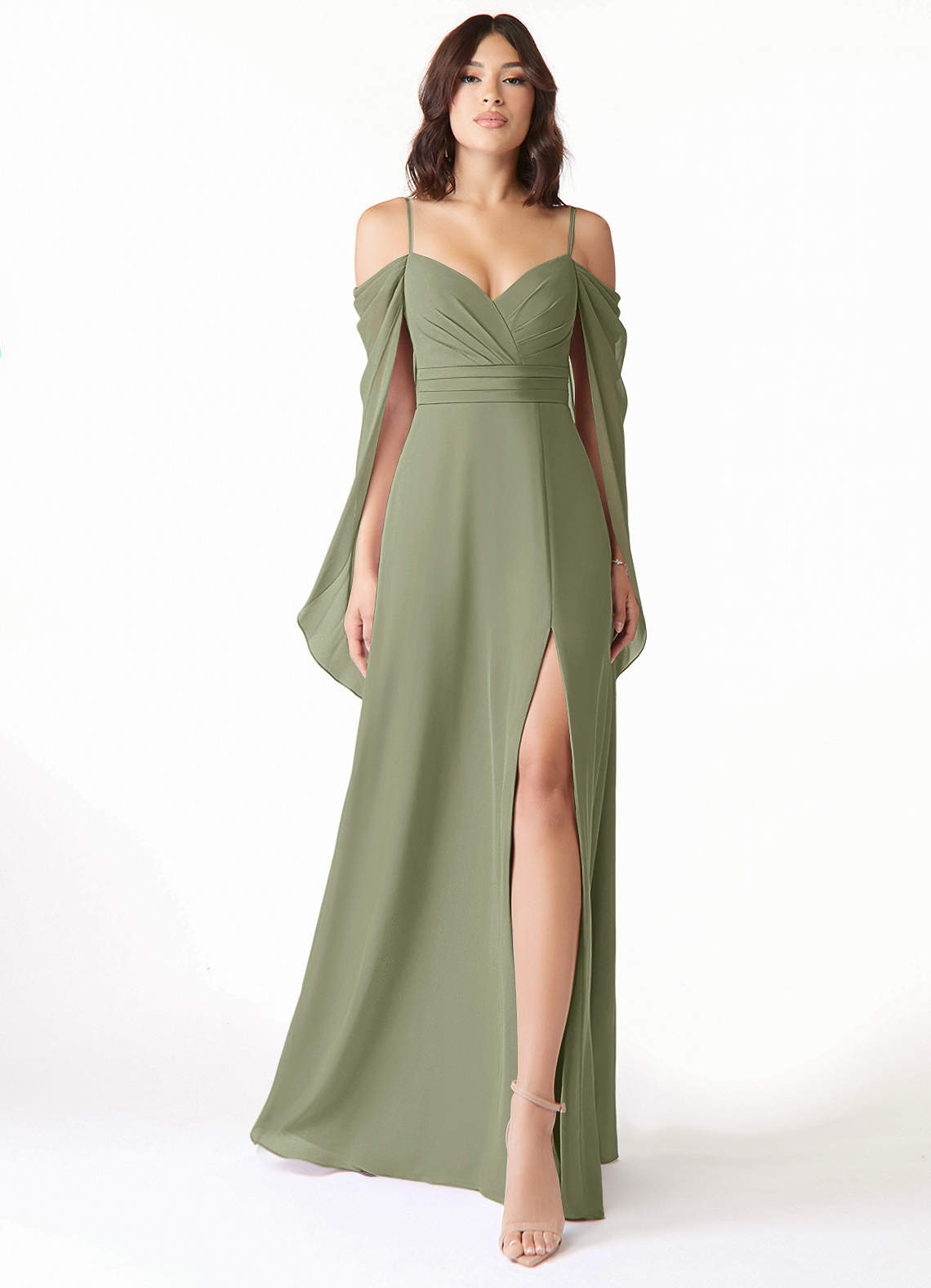 Azazie Cienna Jurken voor bruidsmeisjes Jurk van Chiffon met A-Lijn Off the Shoulder Pistache image1