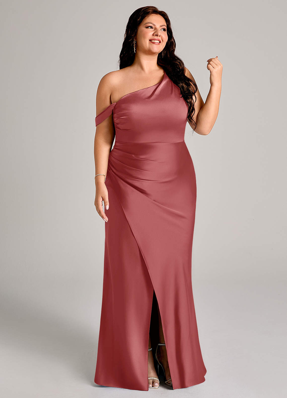 Azazie Madelyn At-home Try On Dresses Agave Mermaid One Shoulder Stretch Satin Convertible Dress image11