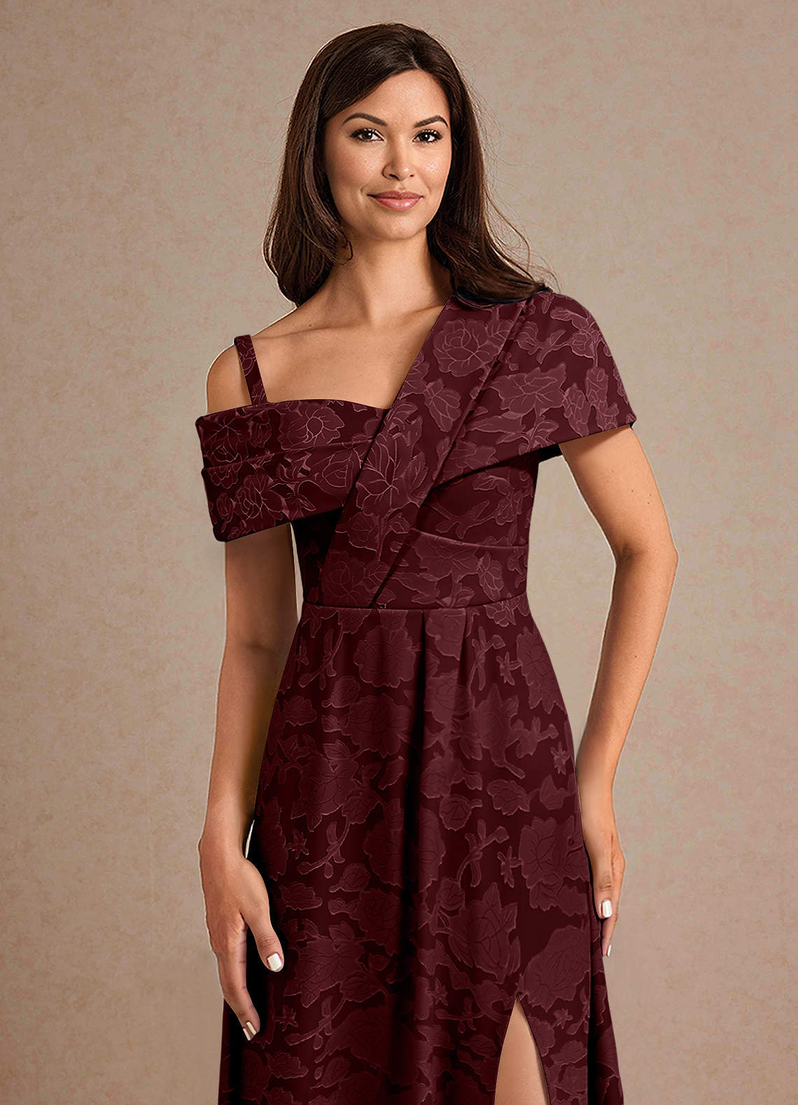 Azazie Milton vestidos de madre de la novia Vestido de Cabernet de Devorado Floral de Corte En A con Plisado image6