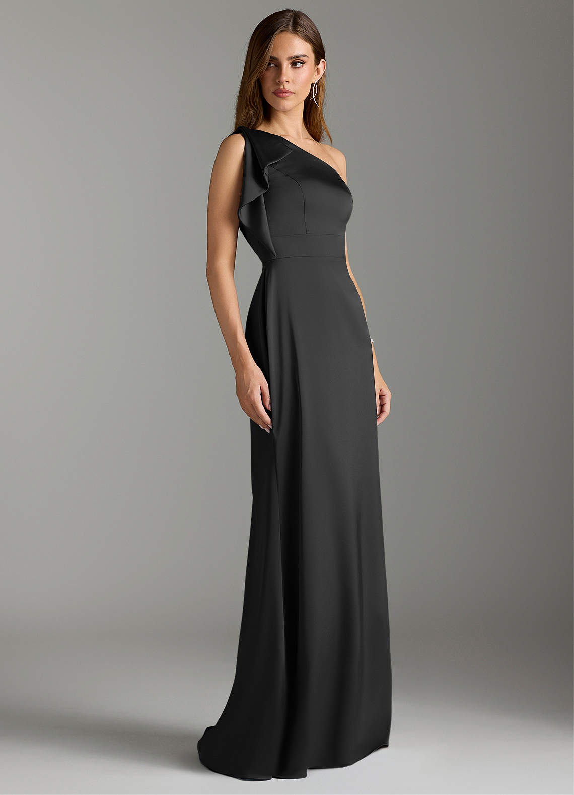 Azazie Rinna Vestidos de damas de honor Vestido de Negro de Satén Elástico de Corte Sirena con Volante image2