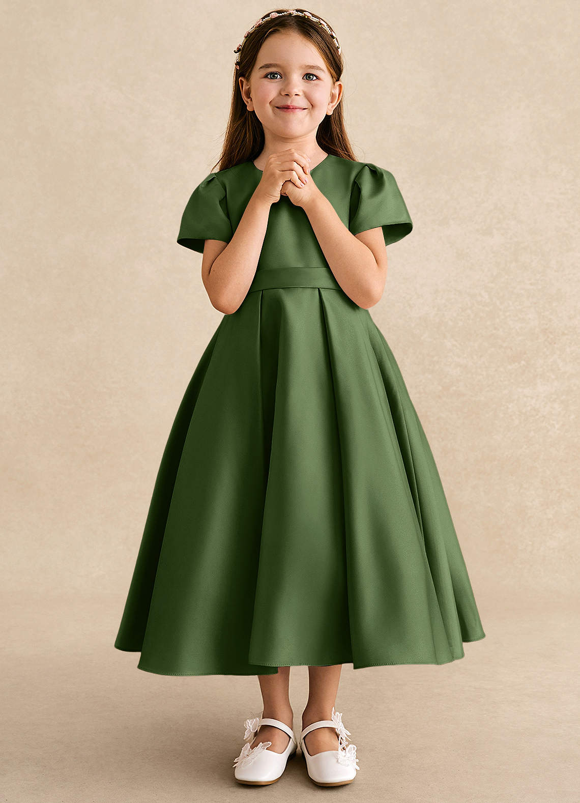 Azazie A-Line/Princess Scoop Neck Tea-Length Matte Satin Flower Girl Dresses - Olive