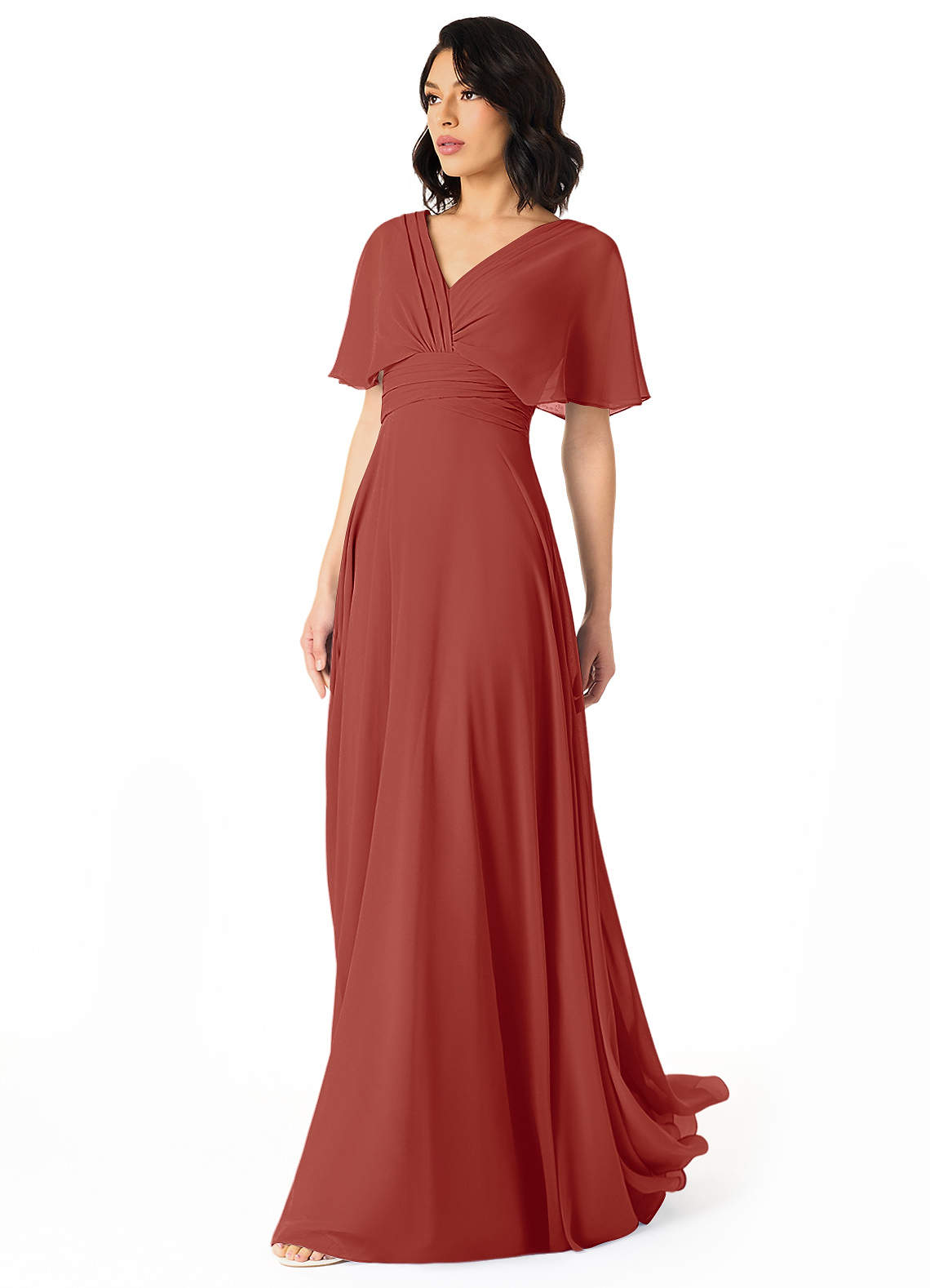 Azazie Pamela Robes de demoiselle d'honneur Robe Trapèze en Mousseline de soie Col V plissé Terracotta image2
