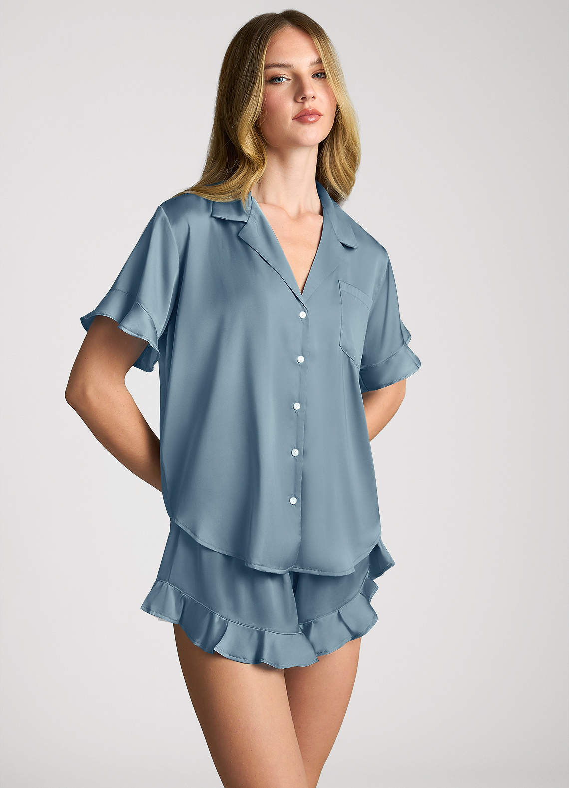 front Matching Color Ruffled Short Sleeve Pajama Set