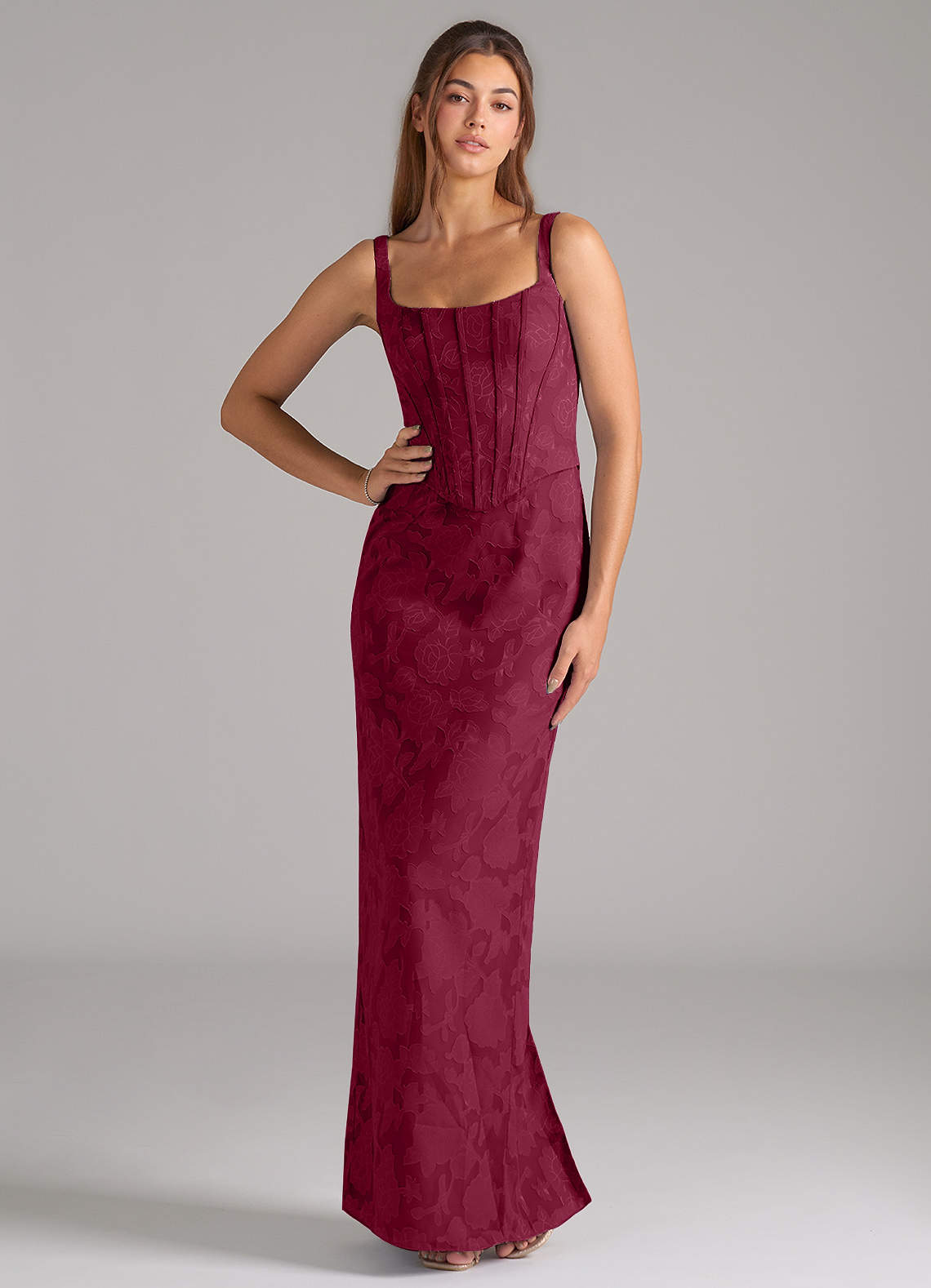 Azazie Kenna At-home Try On Dresses Burgundy Sheath Side Slit Floral Burnout Dress image1