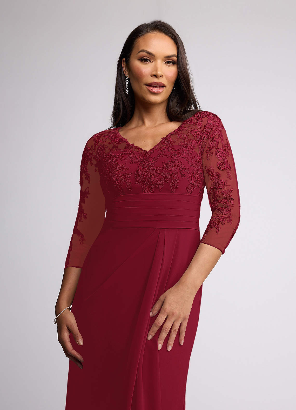 Azazie Joan Burgundy Sheath V-Neck Lace Chiffon Dress Ready to Ship | Azazie