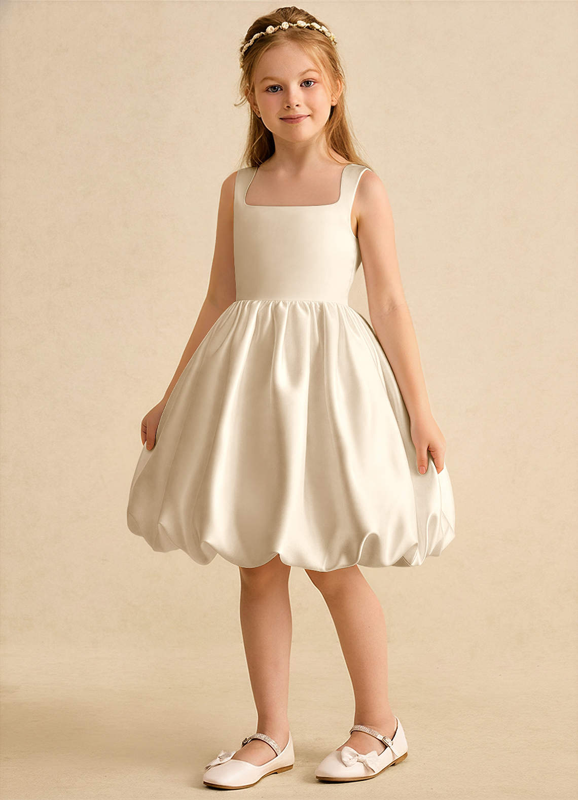 Azazie Nirvana Robe Demoiselle D'honneur Fillette Robe Princesse en Mat Satiné Rayé Champagne image4