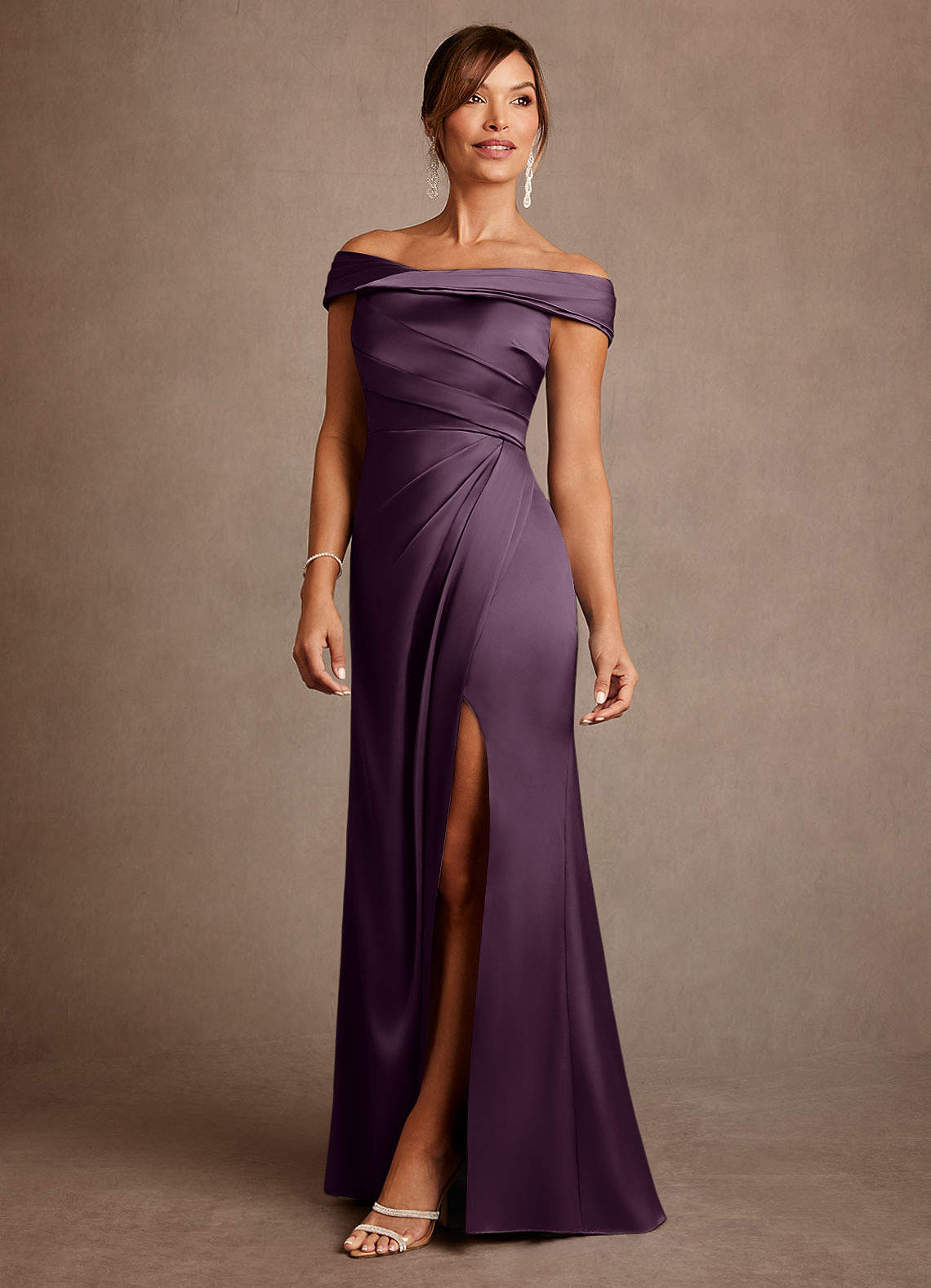 Azazie Bedford Mother of the Bride Dresses Plum Sheath Pleated Stretch Satin Dress image1