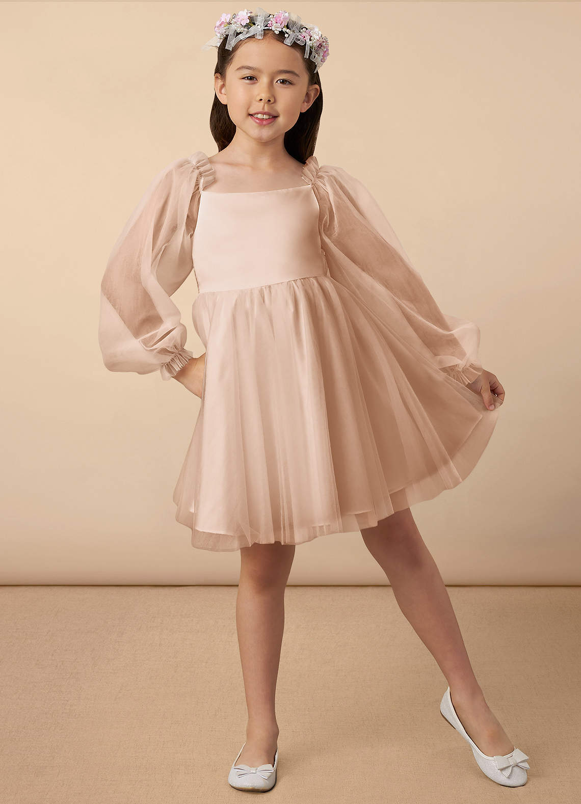 Azazie Aya Robe Demoiselle D'honneur Fillette Robe Trapèze en Tulle avec manches Rose Perle image1
