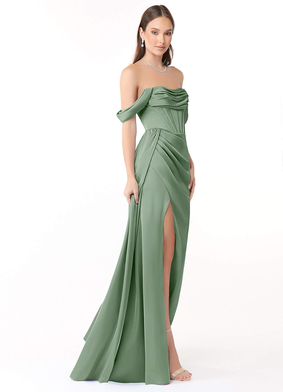 Azazie Amyra Bridesmaid Dresses Matcha Mermaid Off the Shoulder Stretch Satin Convertible Dress image3