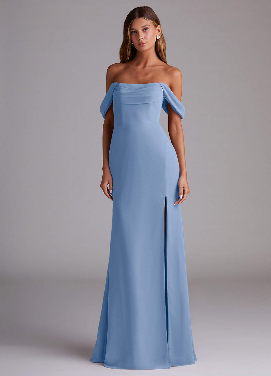 Azazie Saige Bridesmaid Dresses Steel Blue A-Line Off the Shoulder Chiffon Convertible Dress image2