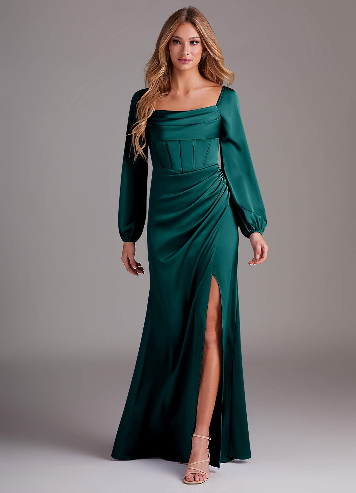 Azazie Charissa Bridesmaid Dresses Peacock Sheath Long Sleeve Stretch Satin Dress image1