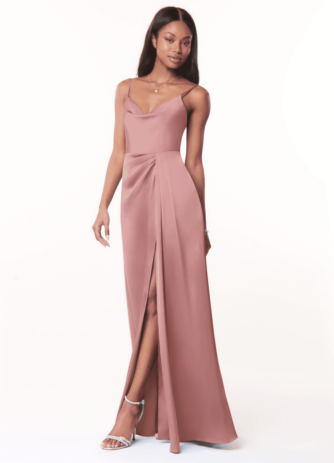 Azazie Brielle Abiti da Damigella Abito A-Line in Raso Elasticizzato con Scollo a Cappuccio e Spalline Sottili Rosa Polverosa image2