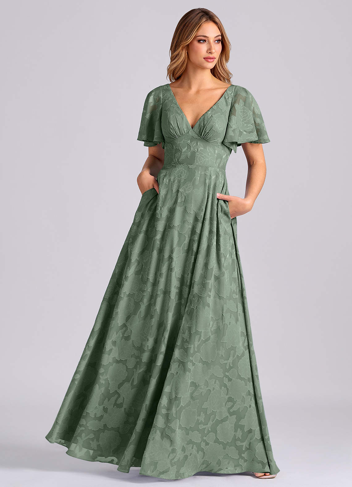 Azazie Kimber Bridesmaid Dresses Matcha A-Line with Pockets Floral Burnout Dress image6