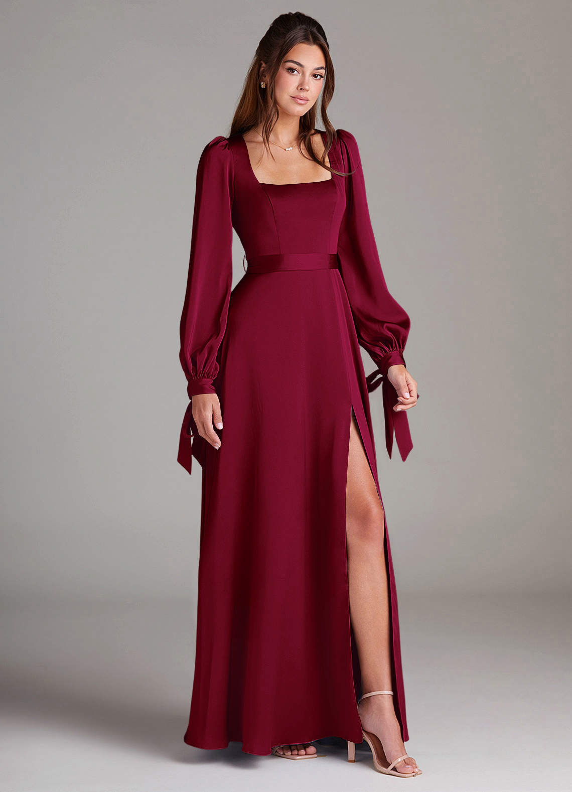 Azazie Leonia Bridesmaid Dresses Burgundy A-Line Long Sleeve Stretch Satin Dress image2
