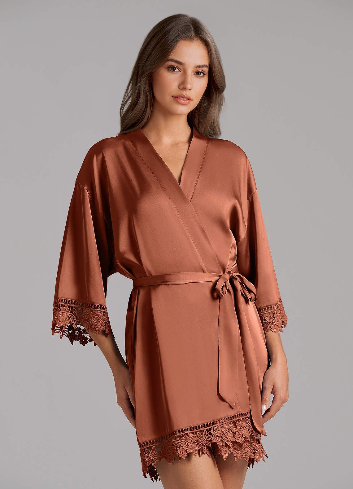 front Matching Color Satin Lace Robe