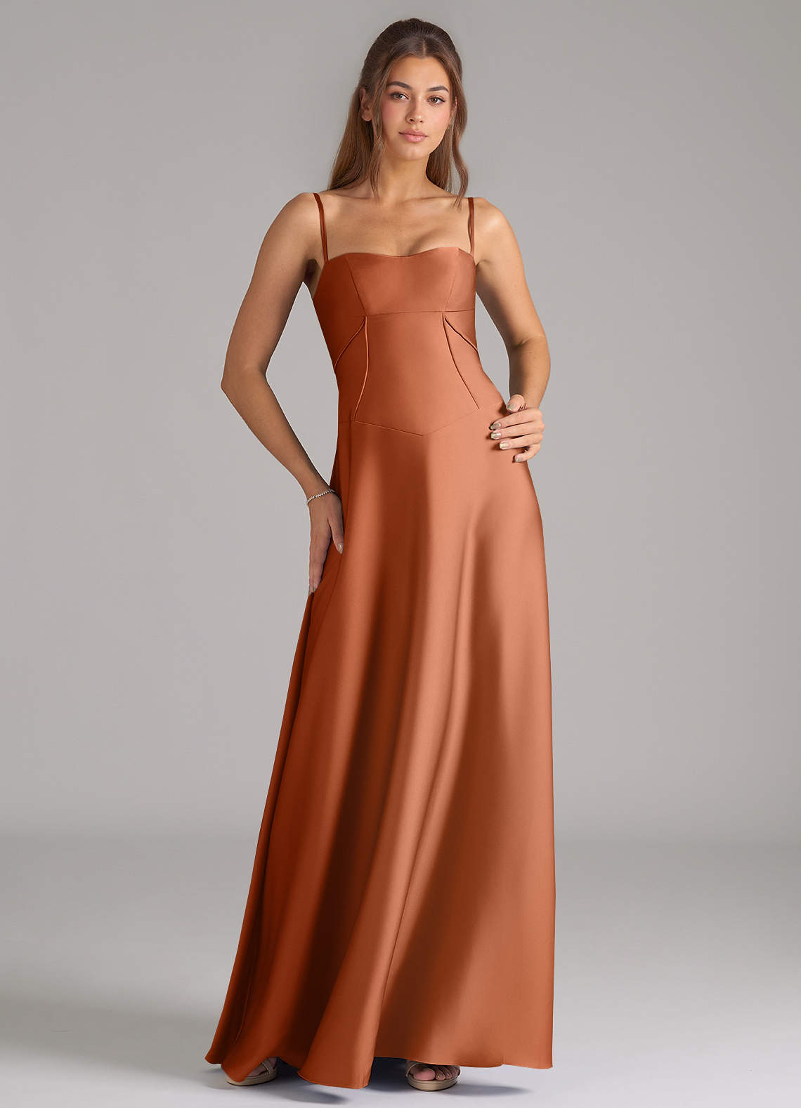 Azazie Valentine Bridesmaid Dresses Copper A-Line Corset Stretch Satin Dress image1