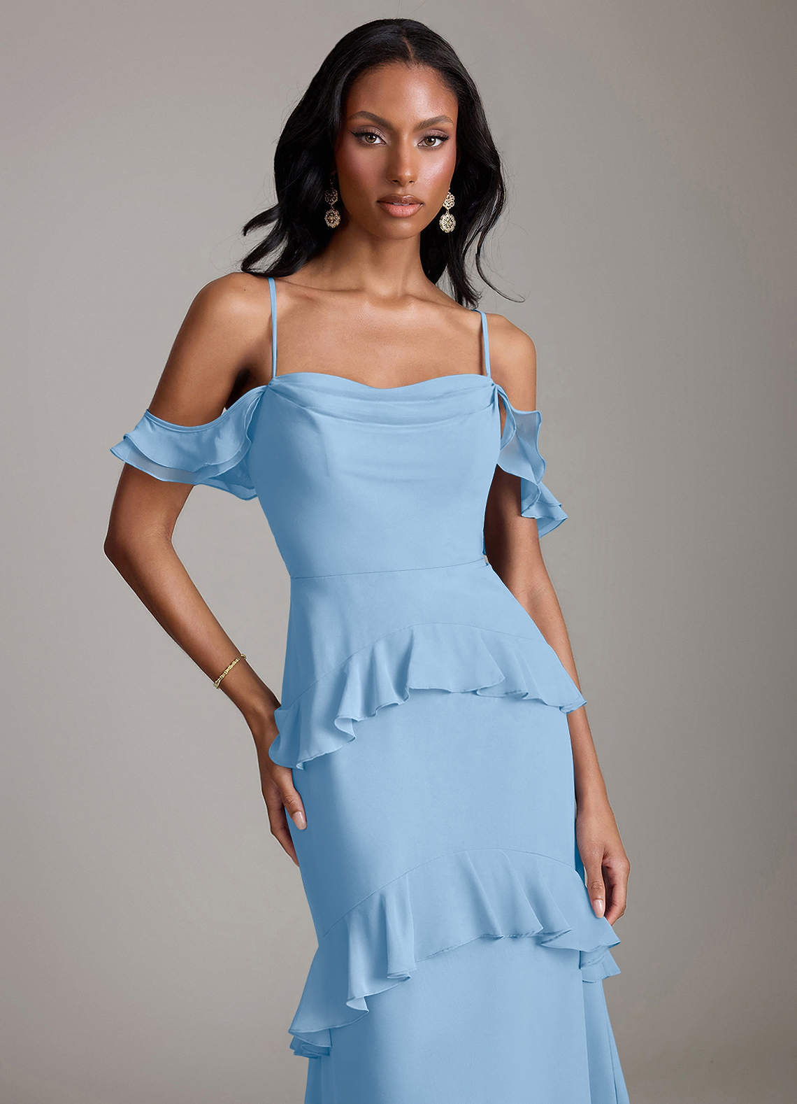 powder blue off the shoulder dress Elegant Soft Satin Off Shoulder Long Sleeve Side Slit Mermaid Floor Le –  SofieBridal main image 1