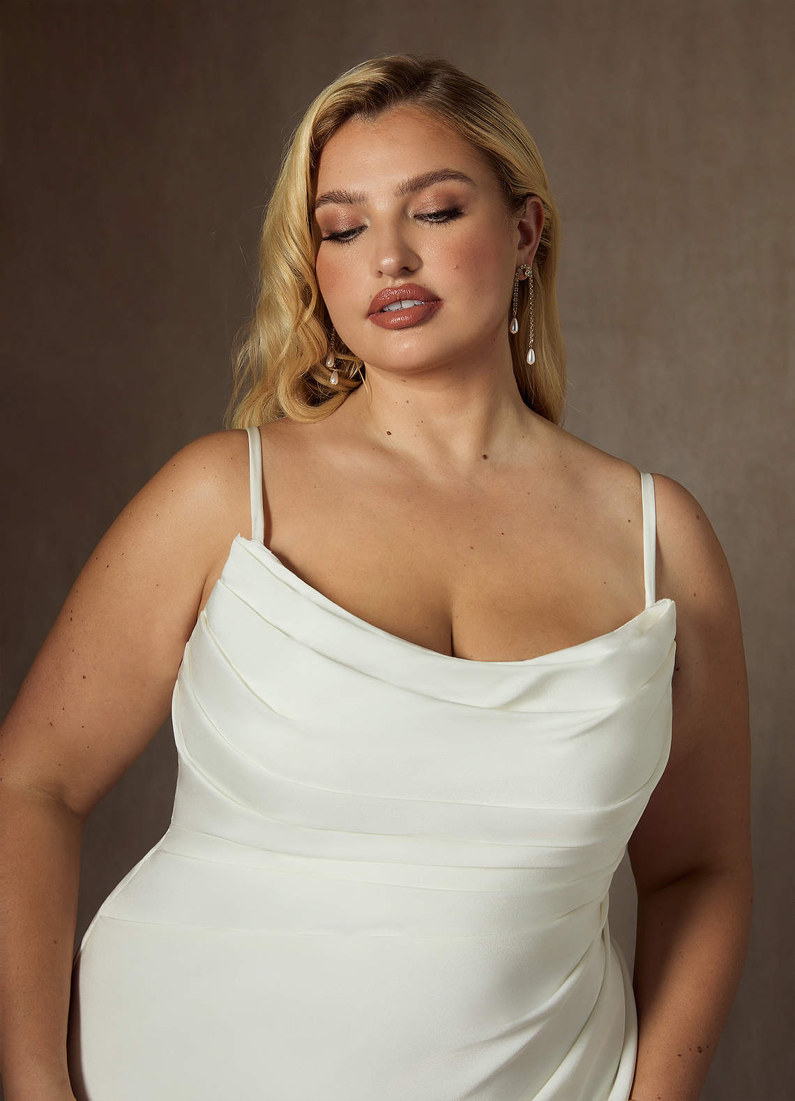 Azazie Elyse At-home Try On Dresses Diamond White Mermaid Strapless Crepe Back Satin Dress image16