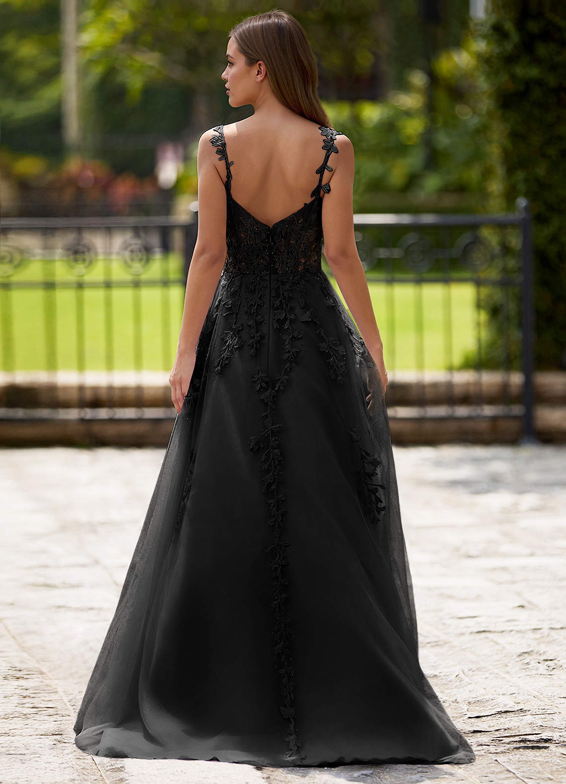 black a line formal dresses Black A Line Off Shoulder Tulle Long Prom Dresses, Black Formal Evening  Dress main image 0