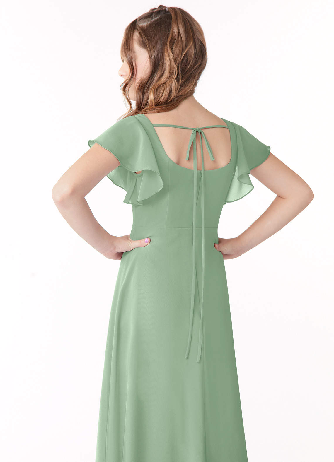 Azazie Bondi Junior Matcha A-Line Bow Chiffon Dress image2