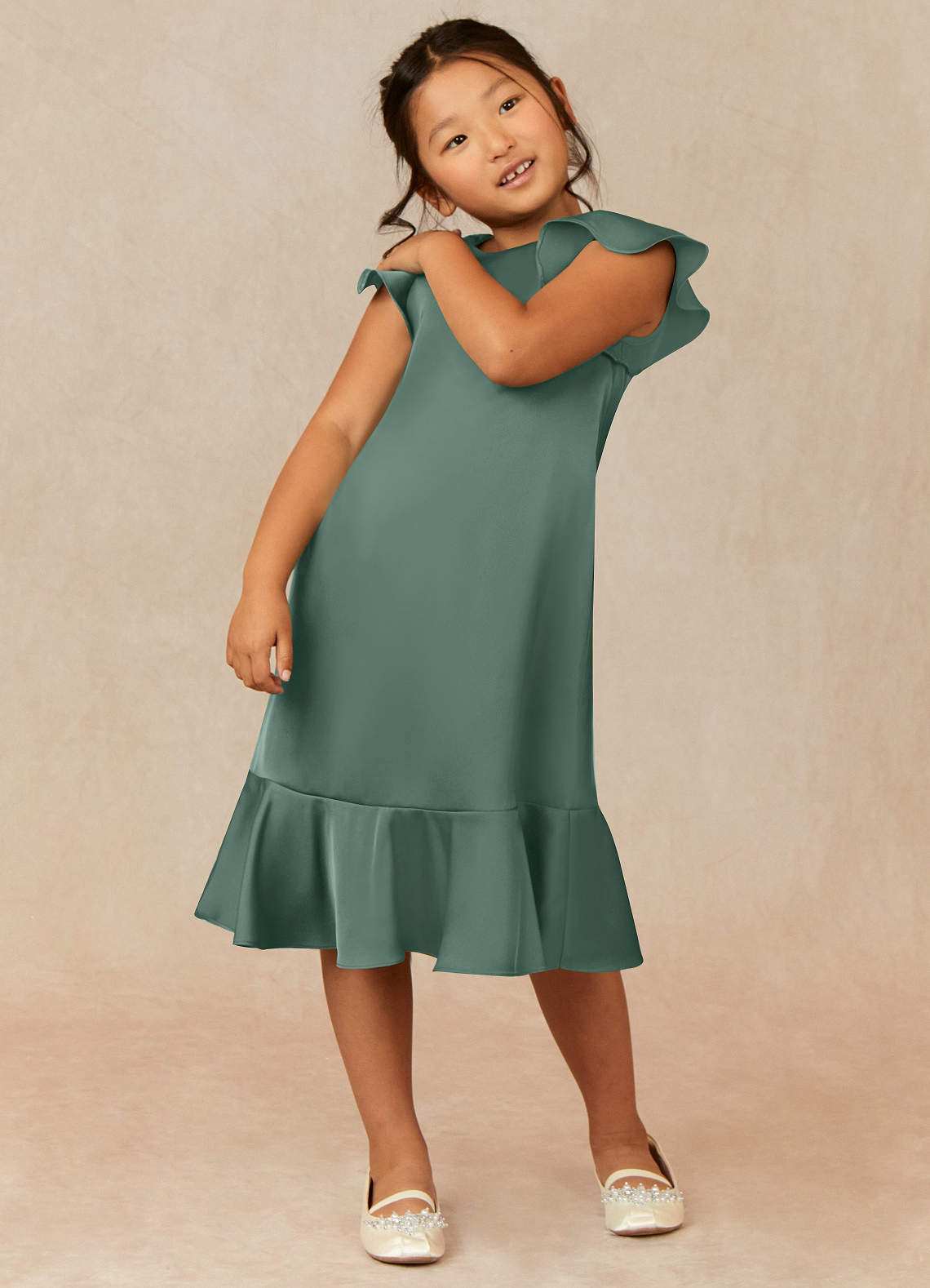 Azazie Sweet Pea Flower Girl Dresses Eucalyptus A-Line Ruched Stretch Satin Dress image1