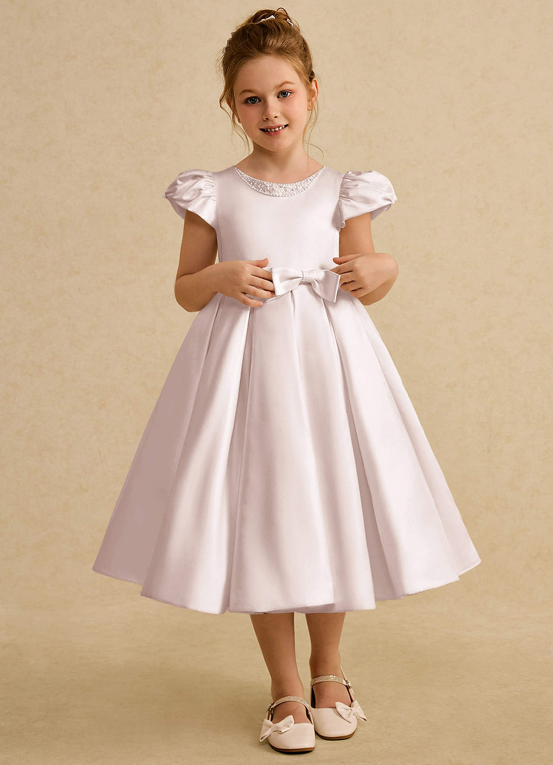 Azazie Pearl Flower Girl Dresses Rose Petal Ball-Gown Pleated Matte Satin Dress image1