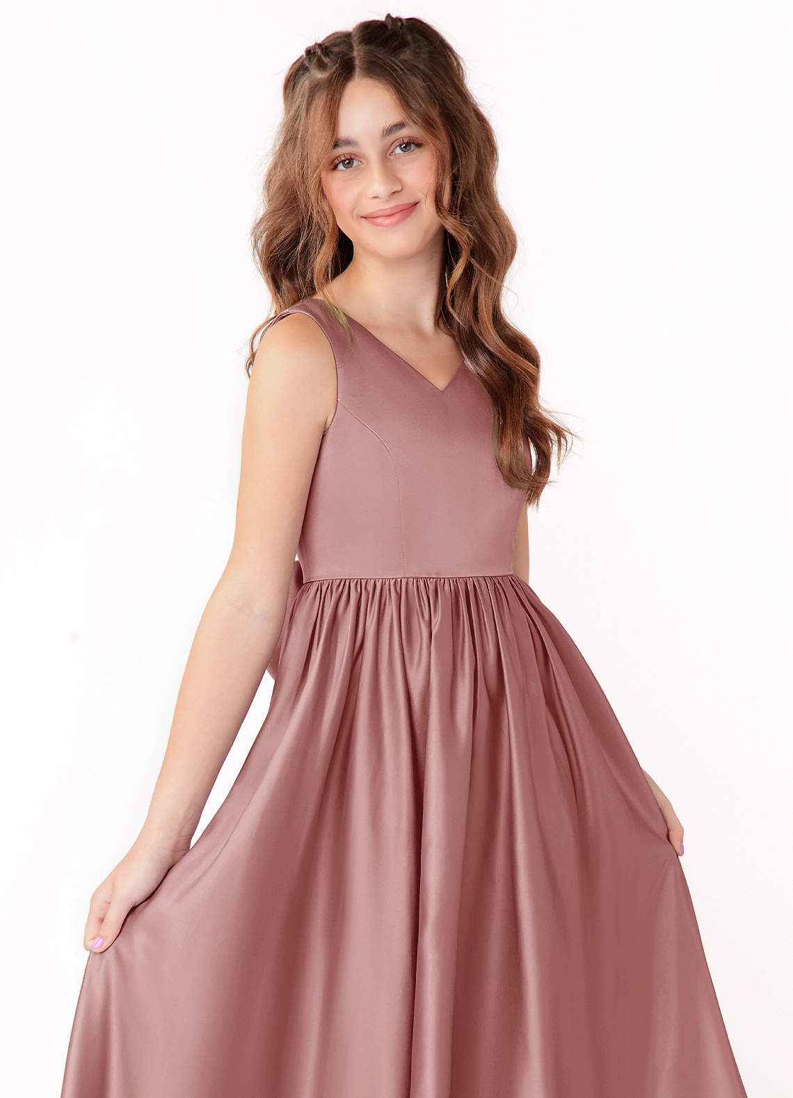 Azazie Hathaway Junior Dusty Rose A-Line Bow Stretch Satin Dress image4