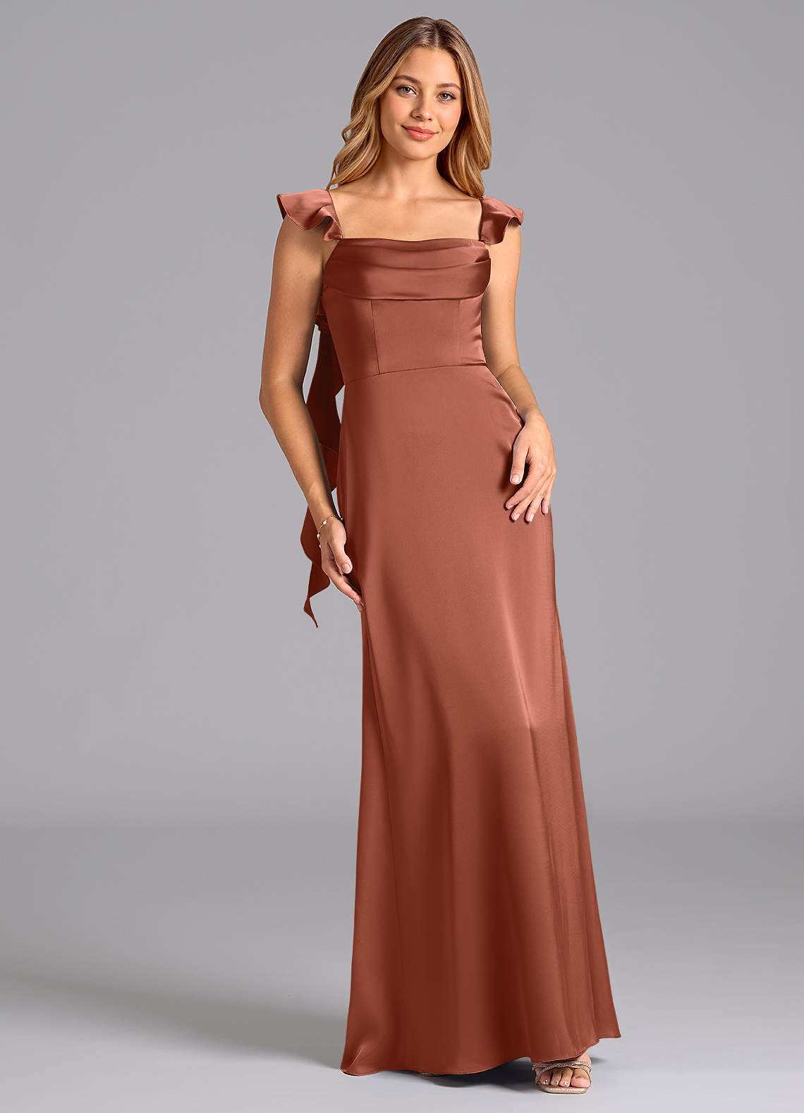 Azazie Adi Bridesmaid Dresses Auburn A-Line Pleated Stretch Satin Dress image1