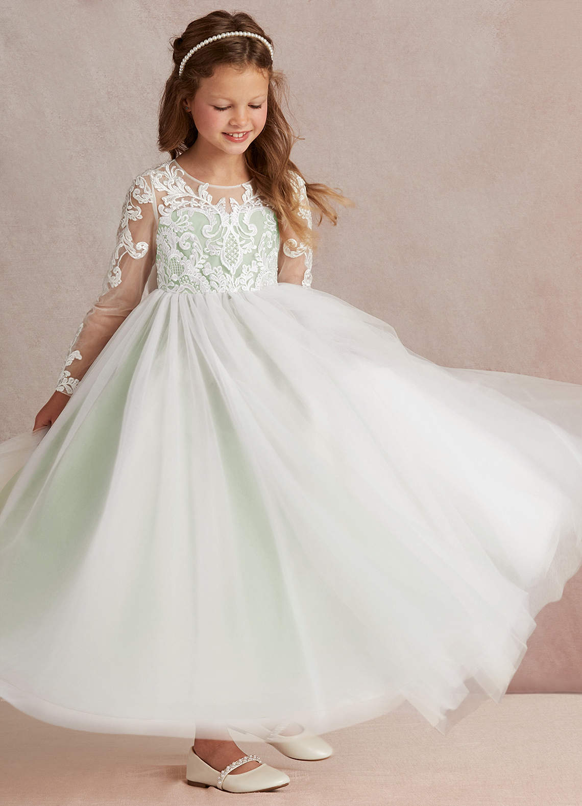 Azazie Elodie Robe Demoiselle D'honneur Fillette Robe Princesse en Dentelle Ivoire Sauge Poussiéreuse image1