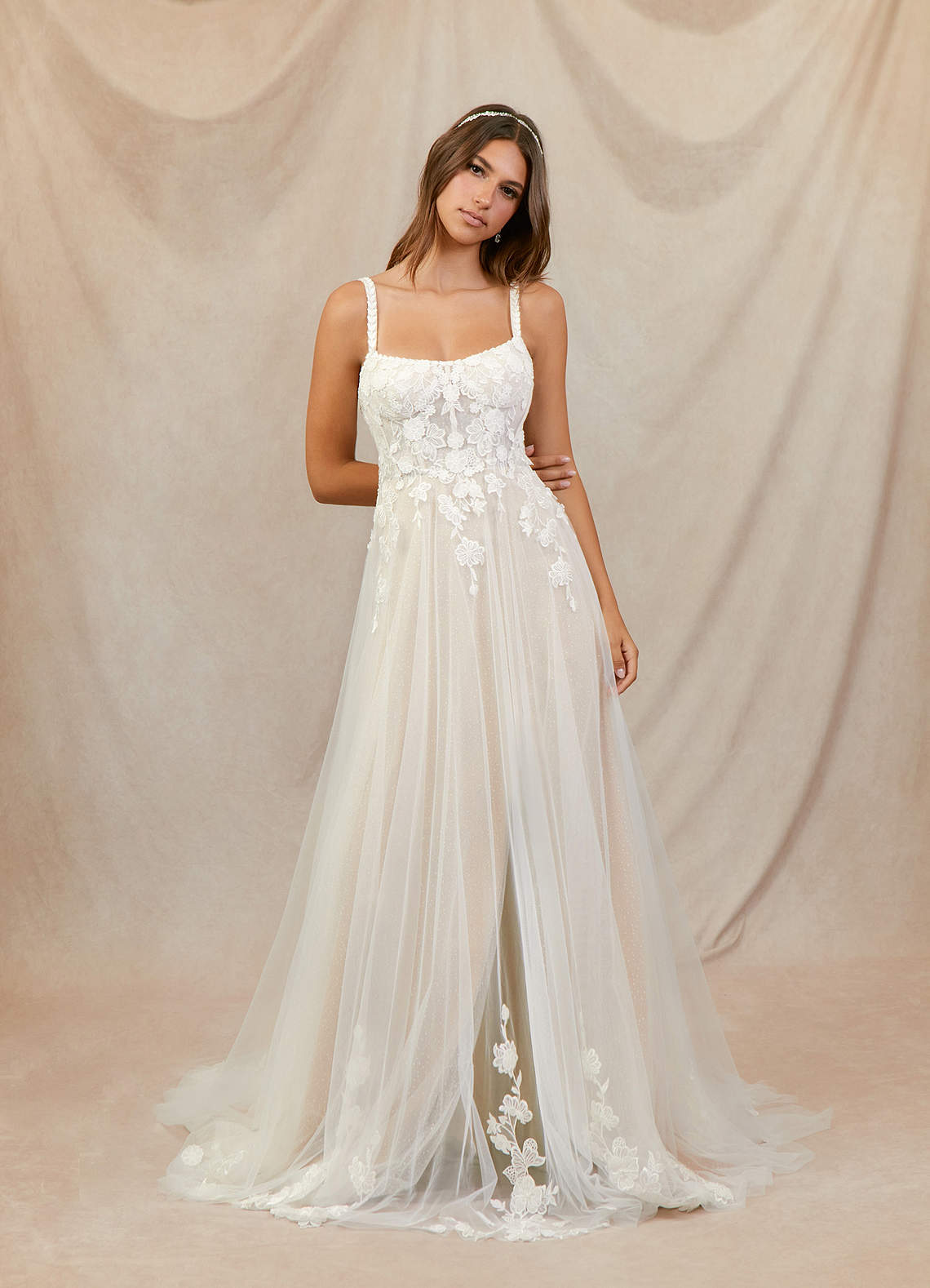 Azazie Jovana Hochzeitskleider A-Linie Schaufel Tüll Kleid Diamantweiß Champagner image1