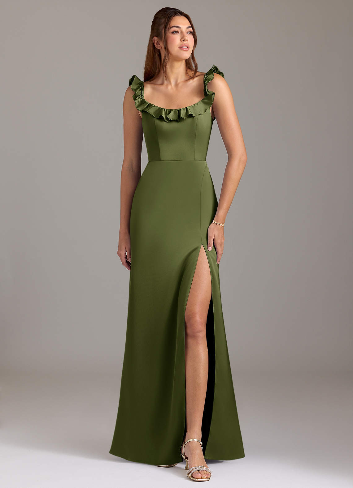 Azazie Callie Bridesmaid Dresses Olive A-Line Ruched Stretch Satin Convertible Dress image1