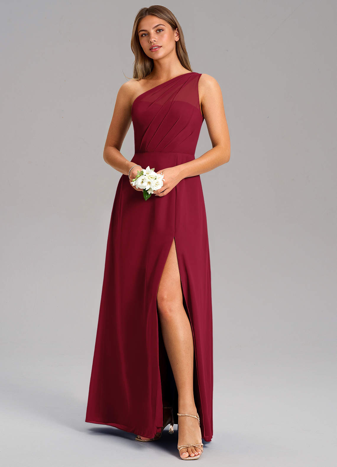 Azazie Phaedra Vestidos de madrinha de casamento Vestido Borgonha de Chiffon de Linha A com Um ombro image3