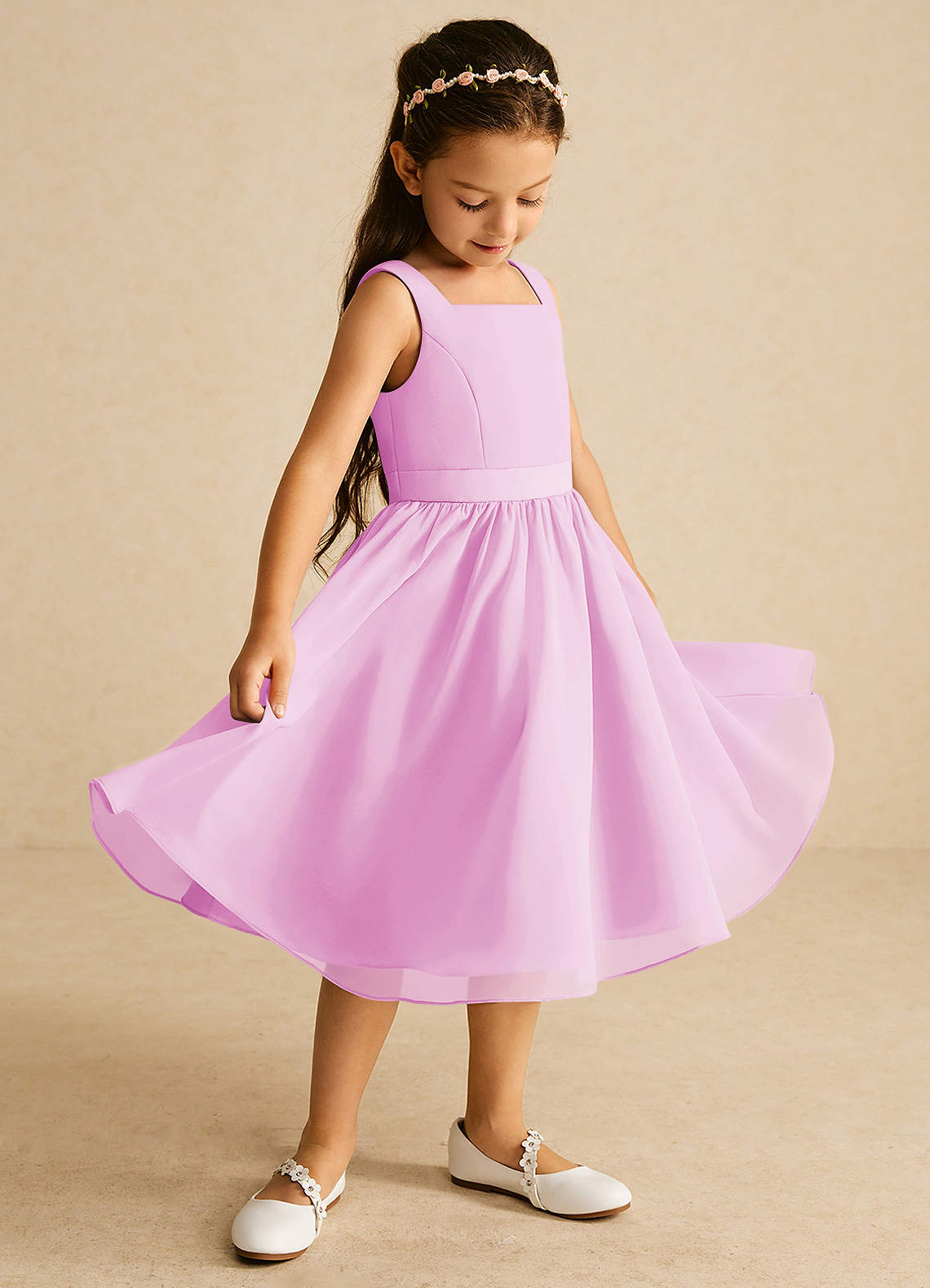 Azazie Ari Robe Demoiselle D'honneur Fillette Robe Trapèze en Mousseline de soie Sans manches Rose Bonbon image1