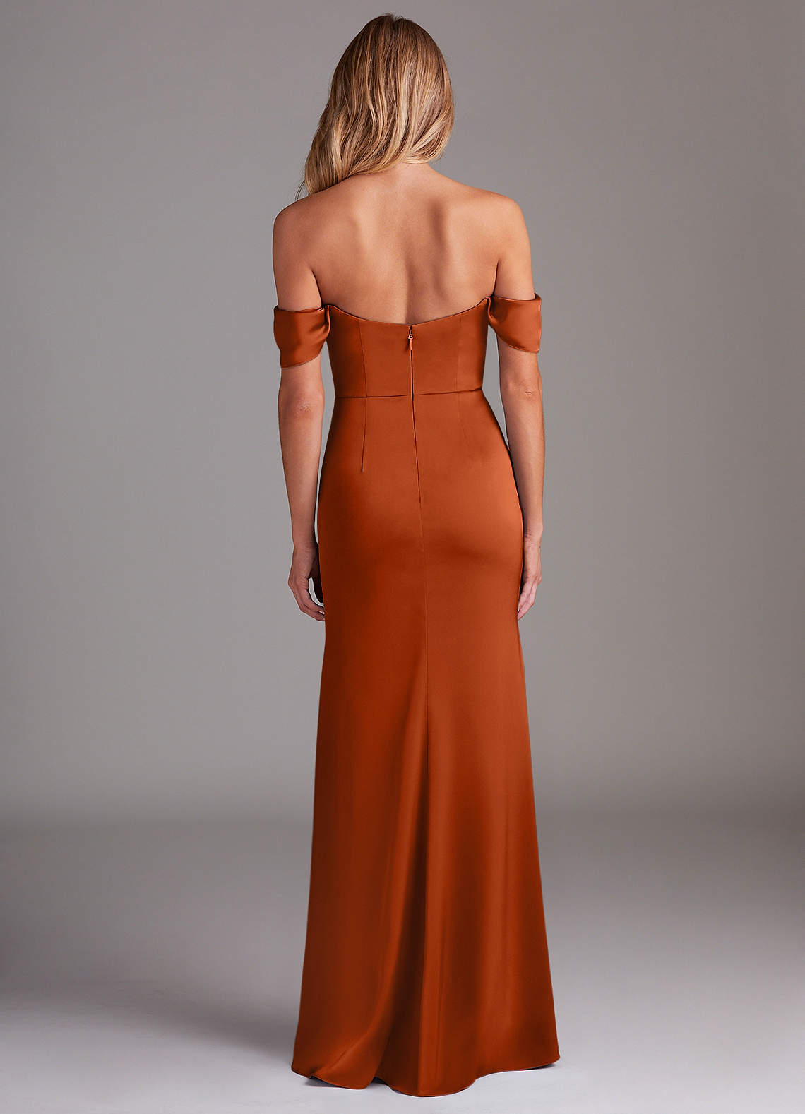 Azazie Saige Bridesmaid Dresses Burnt Orange Sheath Off the Shoulder Stretch Satin Dress image9