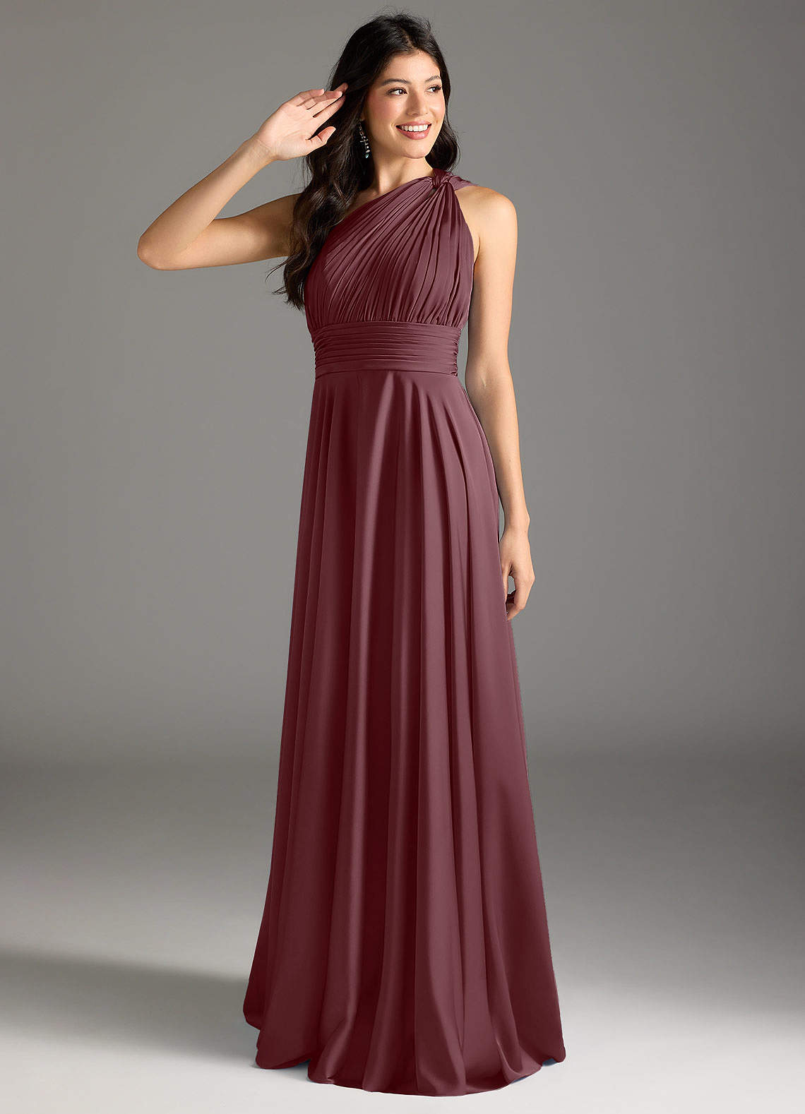 Azazie Charlize Bridesmaid Dresses Sangria A-Line One Shoulder Stretch Satin Dress image1