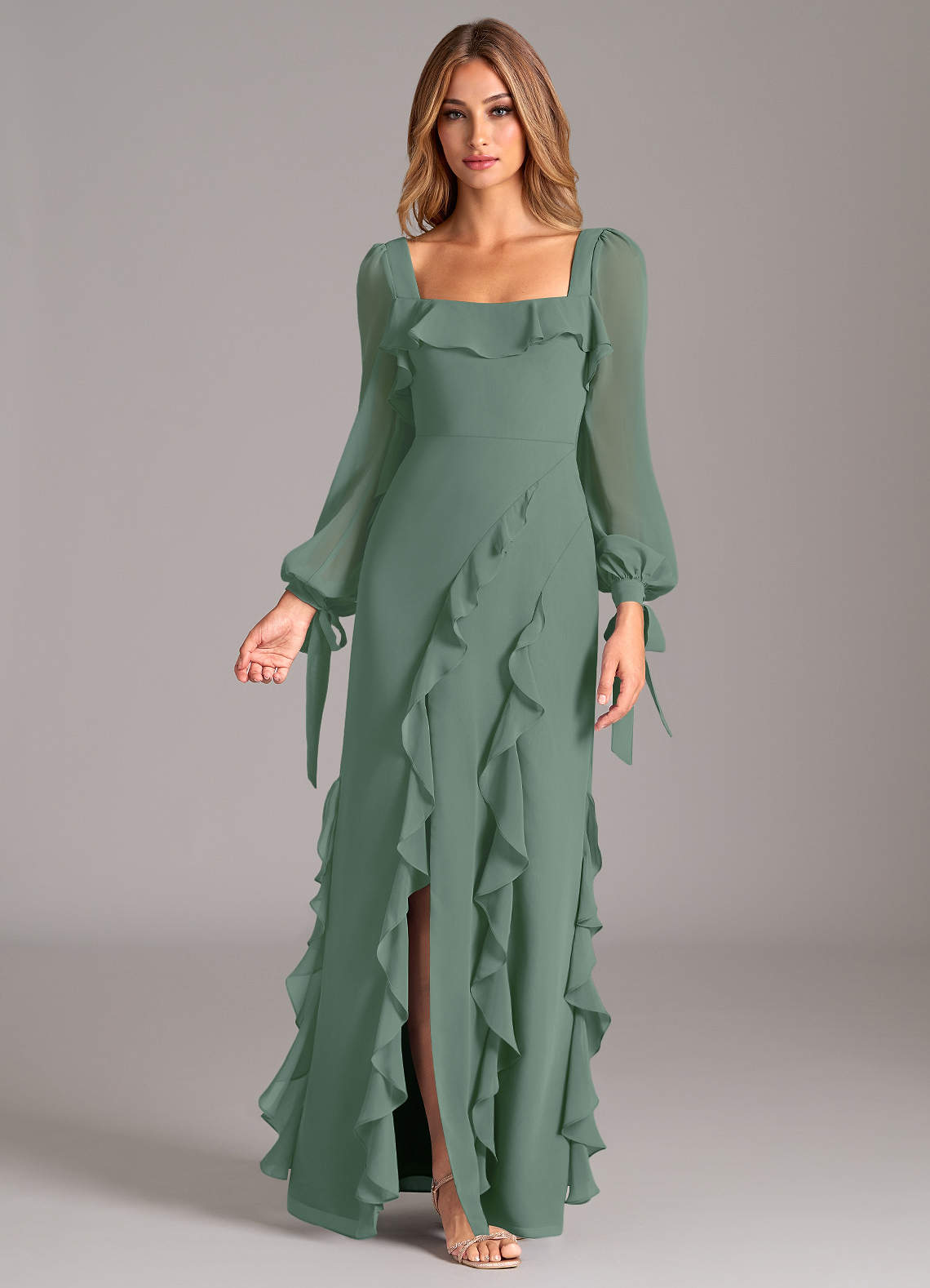 Azazie Candice Bridesmaid Dresses Eucalyptus A-Line Long Sleeve Chiffon Dress image1