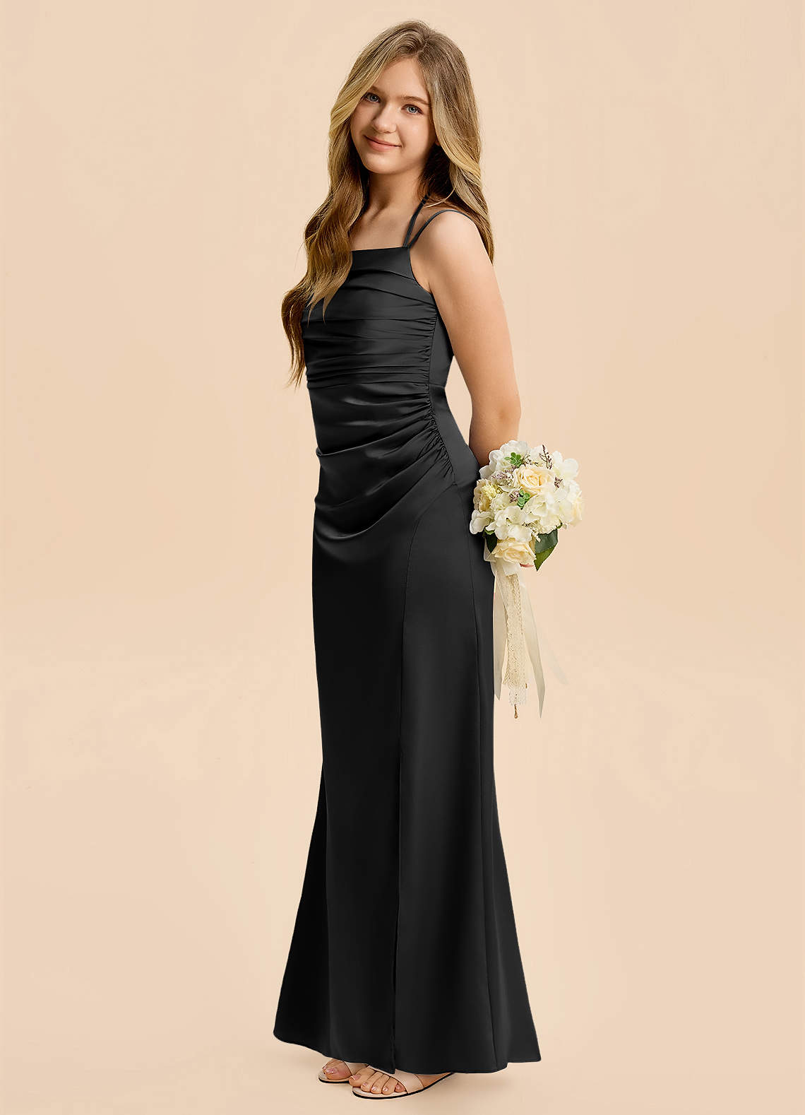 black satin junior bridesmaid dresses Azazie Nova She is a floor