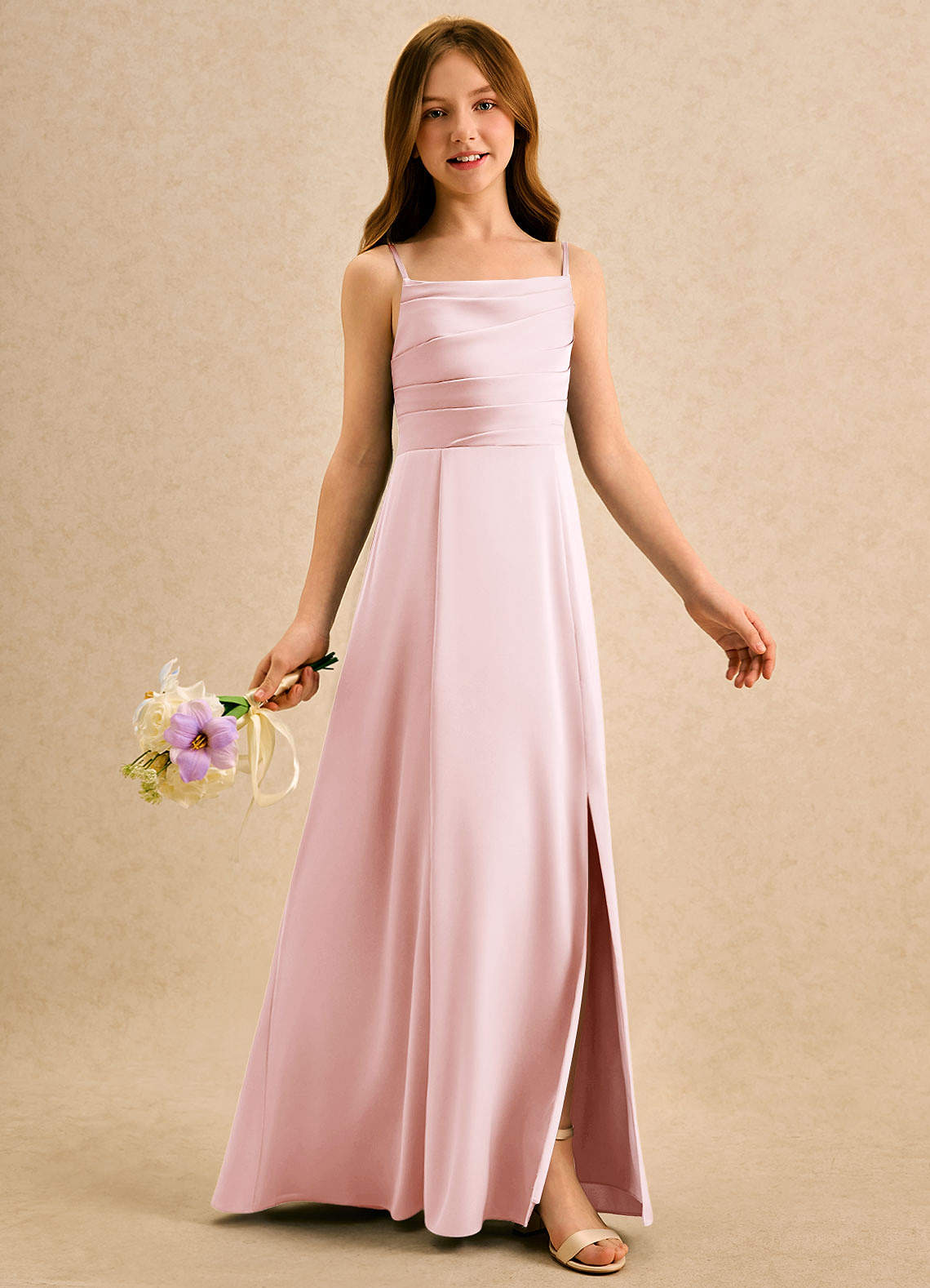 Azazie Chamomile Girls Formal Sukienki dla dziewczynek sypiących kwiaty Linia A Pofałdowany Satyna elastyczna Długość podłogi Sukienka image1