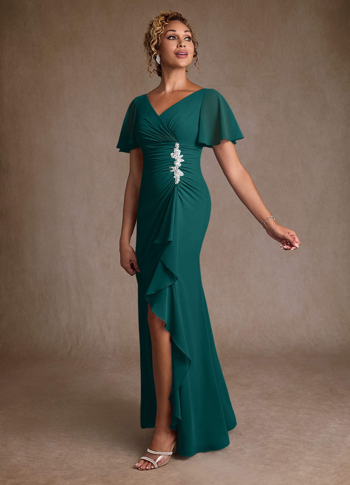 Azazie Suffolk Mother of the Bride Dresses Peacock A-Line Pleated Chiffon Dress image1