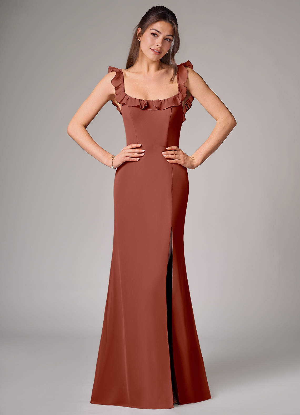Azazie Callie Bridesmaid Dresses Auburn Mermaid Side Slit Chiffon Convertible Dress image1