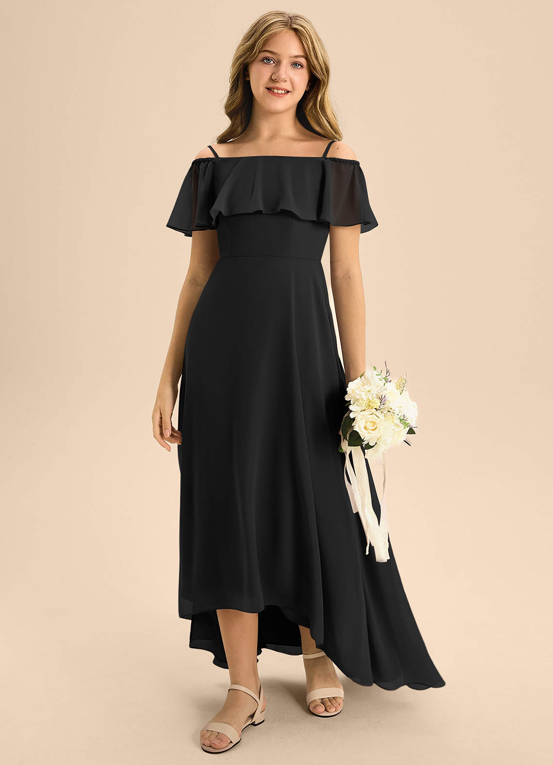 Azazie Maggie Junior A-Linie Schulterfrei Chiffon Kleid Schwarz image2