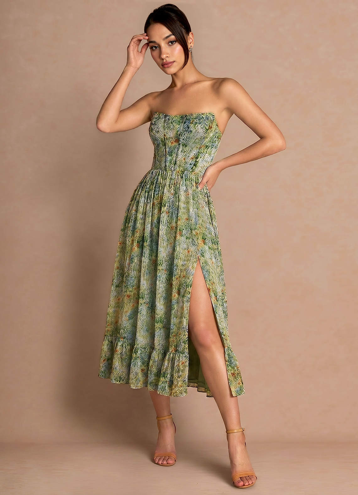 green floral dress midi Portia Ruffle cuffs Tiered silhouette