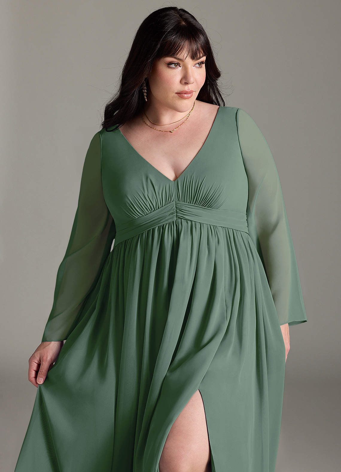 Azazie Teton Vestidos de dama de honra para maternidade Vestido Linha A Manga comprida Comprimento do chão Chiffon image11