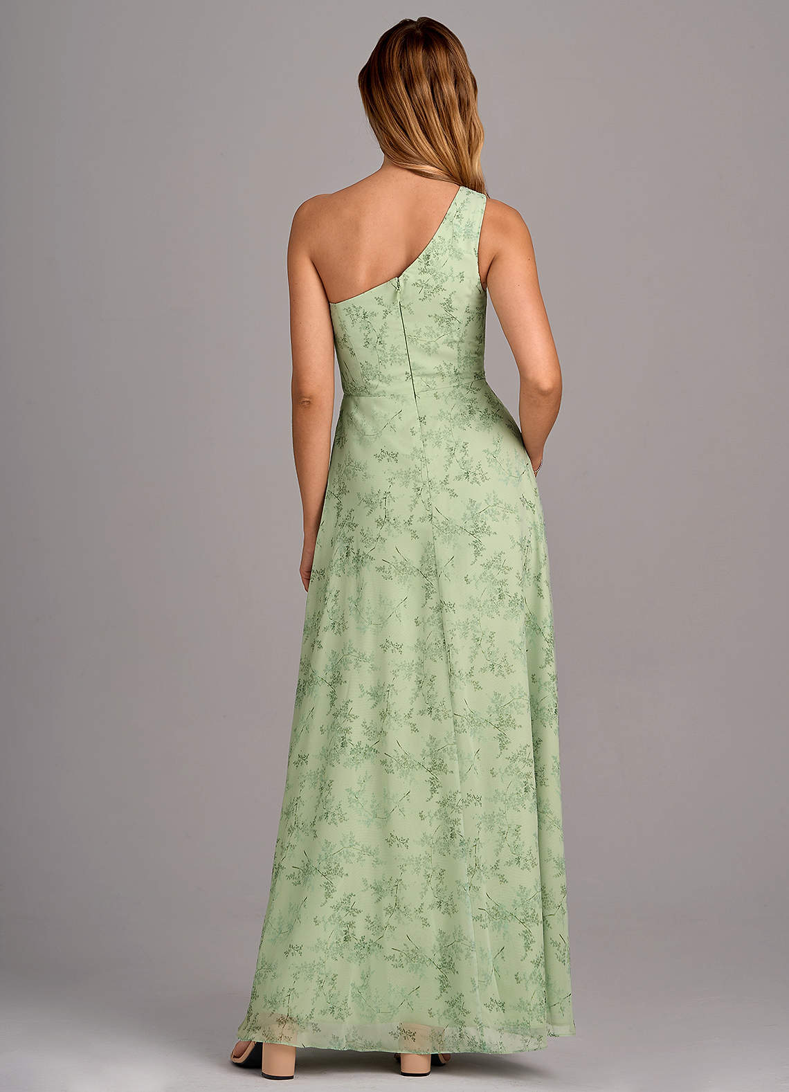 Azazie Brooke Bridesmaid Dresses Green Fern Floral A-Line One Shoulder Chiffon Dress image5