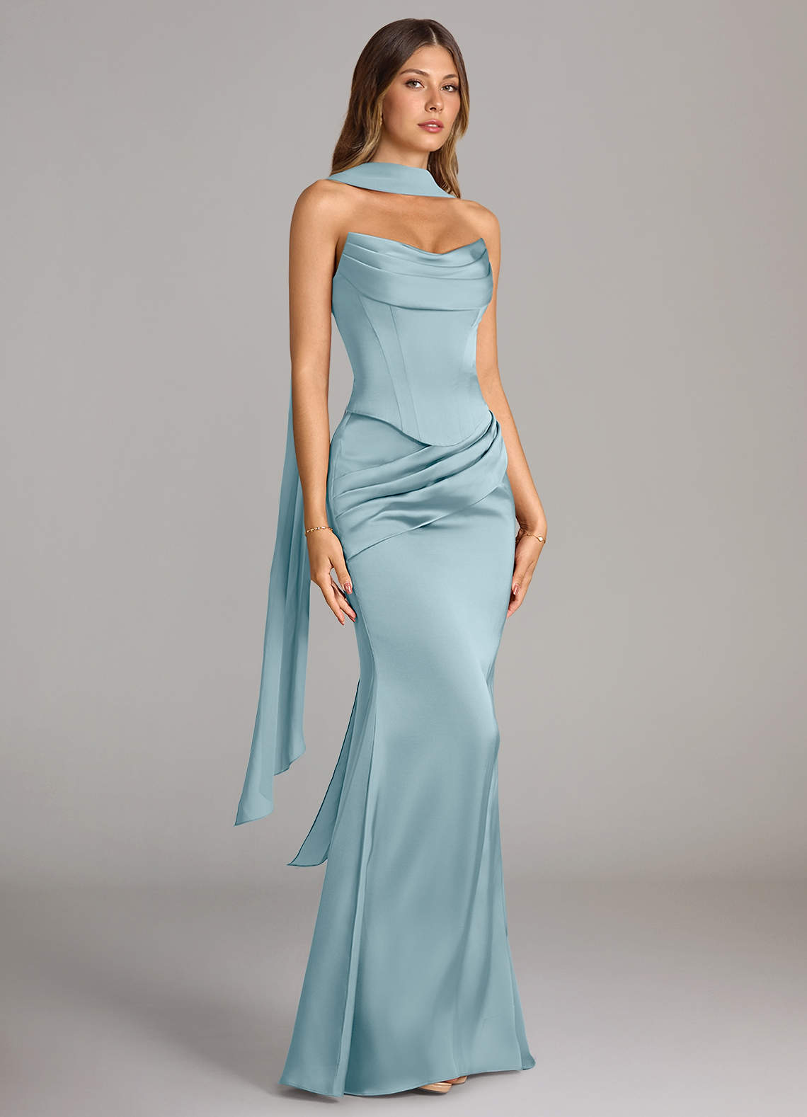 Azazie Sorrel Vestidos de damas de honor Vestido de Azul Malhumorado de Satén Elástico de Corte Sirena Convertible con Sin tirantes image2