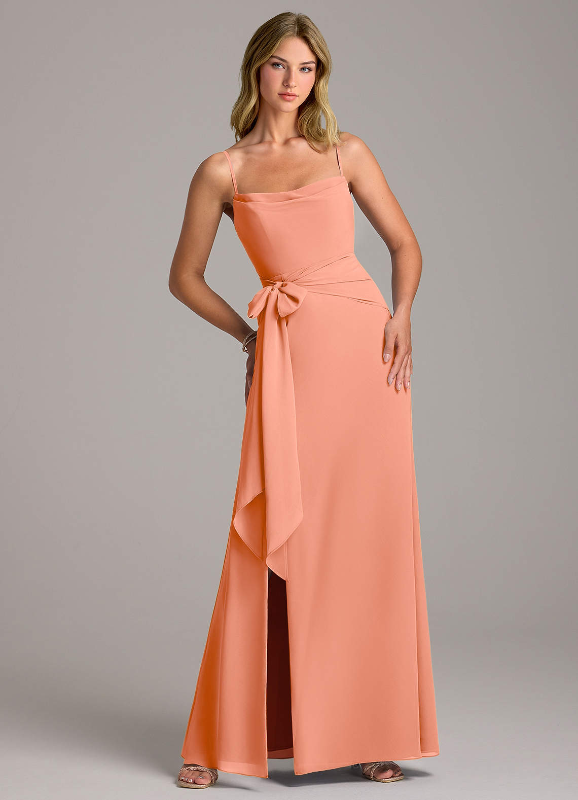 Azazie Tahlia Bridesmaid Dresses Sunset A-Line with Belt Chiffon Dress image1