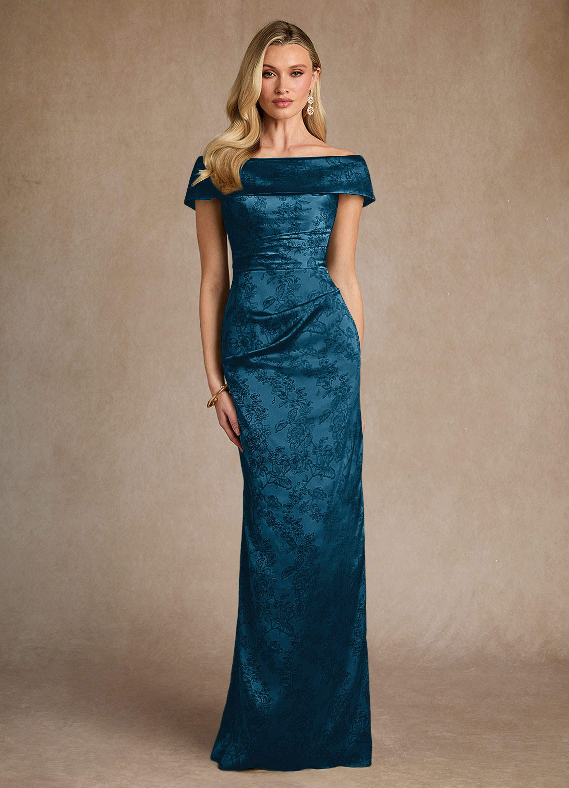 Azazie Kenosha Mother of the Bride Dresses Navy Black Sheath Off the Shoulder Floral Jacquard Dress image1
