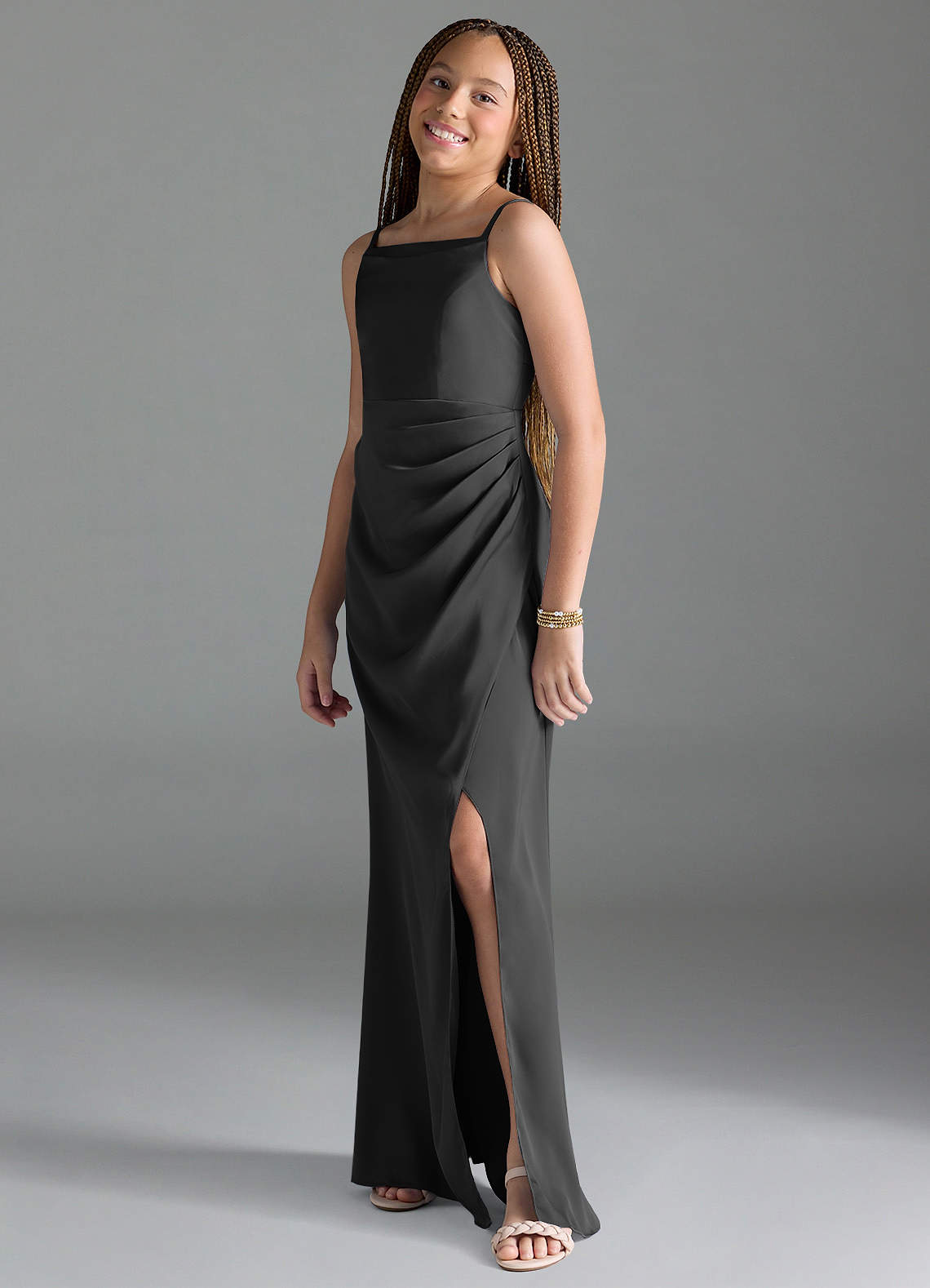 Azazie Leonis Junior Black A-Line Pleated Stretch Satin Dress image3