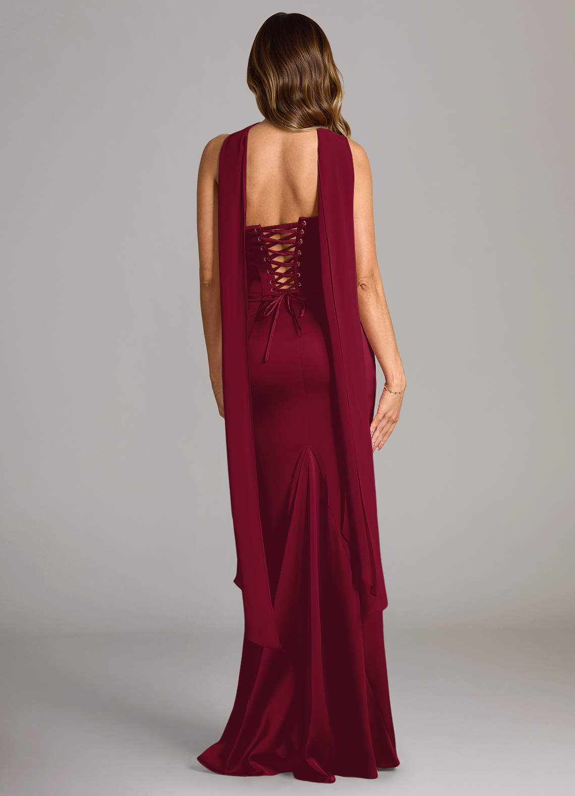 Azazie Sorrel Vestidos de damas de honor Vestido de Borgoña de Satén Elástico de Corte Sirena Convertible con Sin tirantes image1