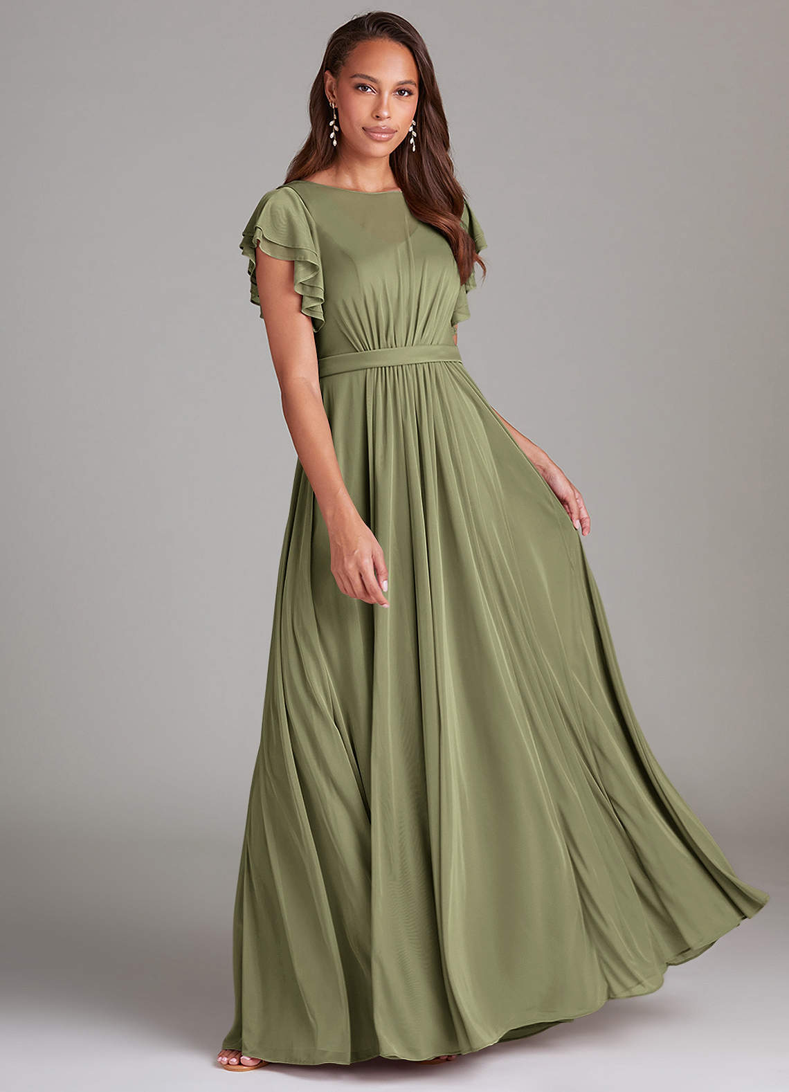 Azazie Daphne At-home Try On Dresses A-Line Ruched Mesh Floor-Length Dress image1